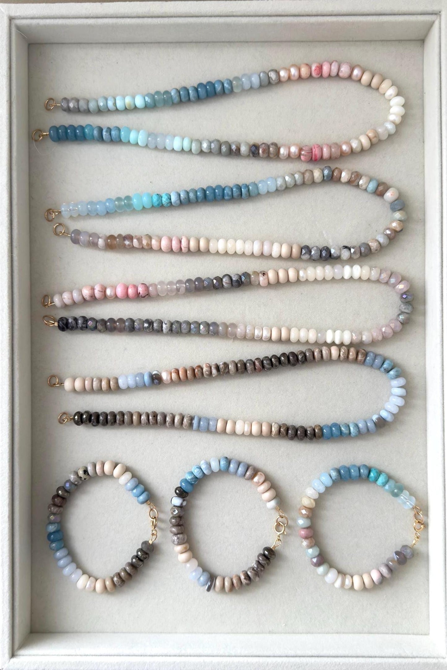 Glimmer Blue4 Necklace: one of a kind ombré gemstone necklace, Emerge Collection, blues, cream, sand colors with a tough of sparkle