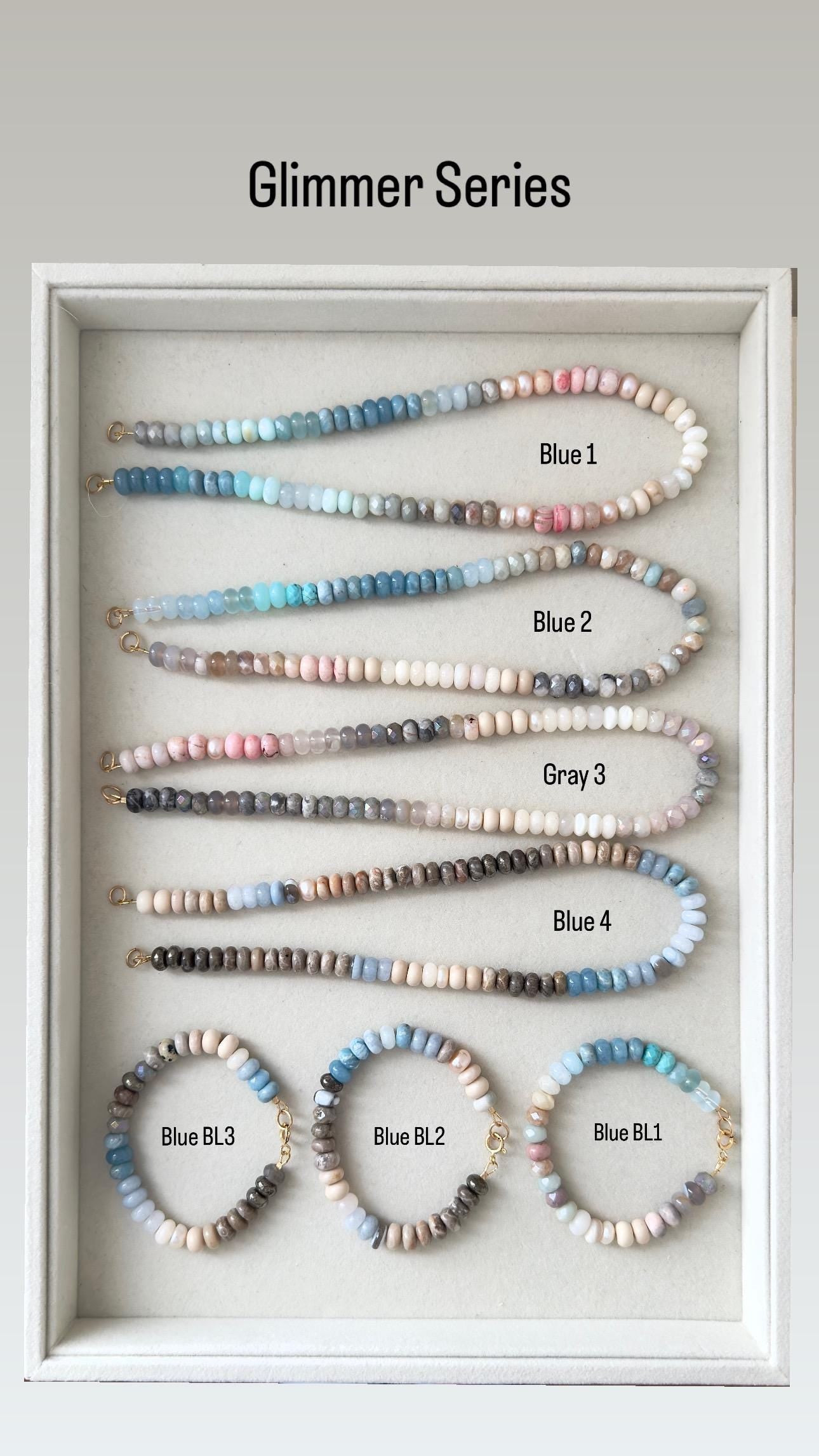 Glimmer Blue4 Necklace: one of a kind ombré gemstone necklace, Emerge Collection, blues, cream, sand colors with a tough of sparkle